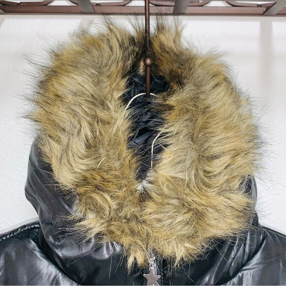 Black puffer coat jacket fur trim hood L 14 - Picture 2 of 9